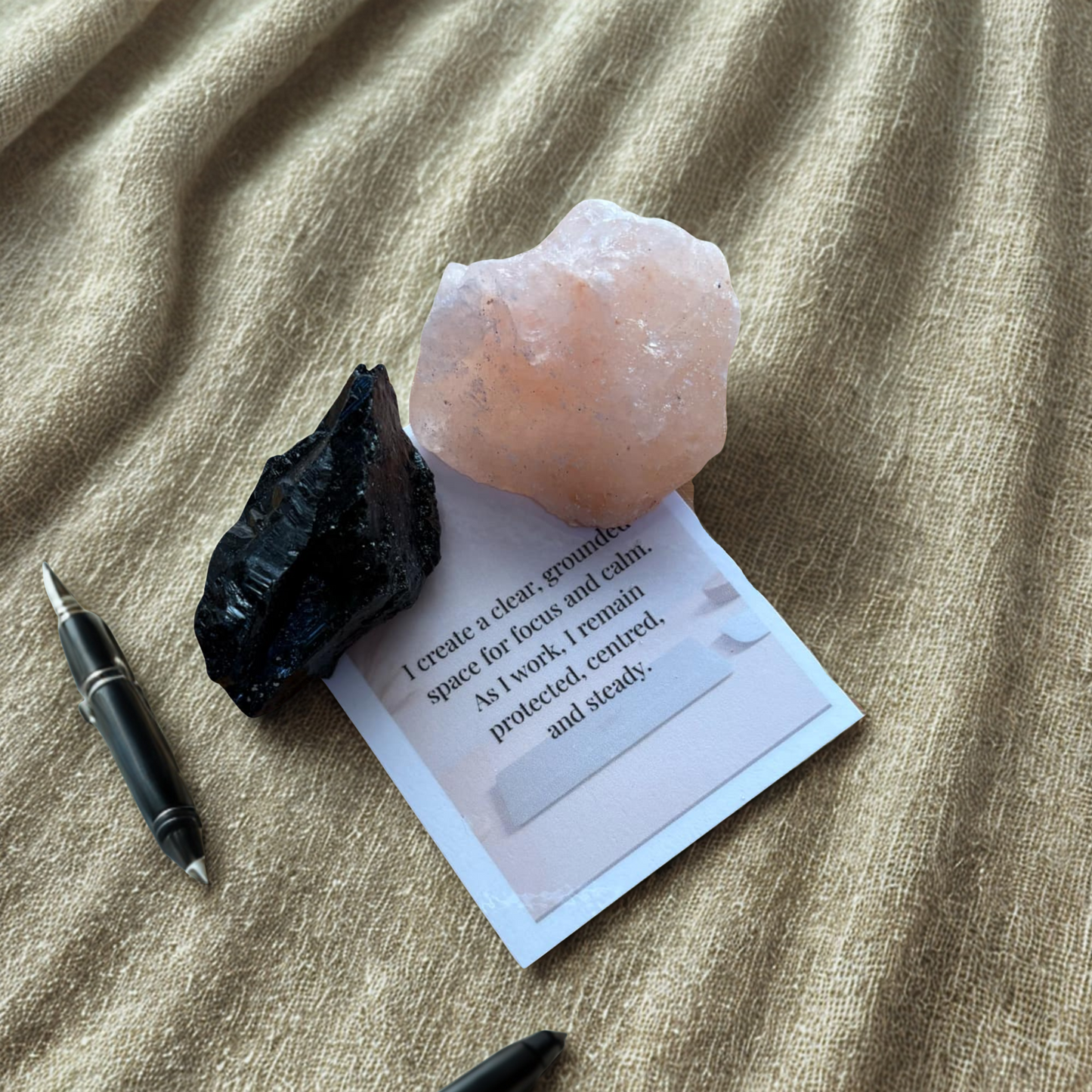 A Pocket of Calm for your Workspace, Himalayan Salt Chunk, Black Toumaline Cluster, Affirmation Card