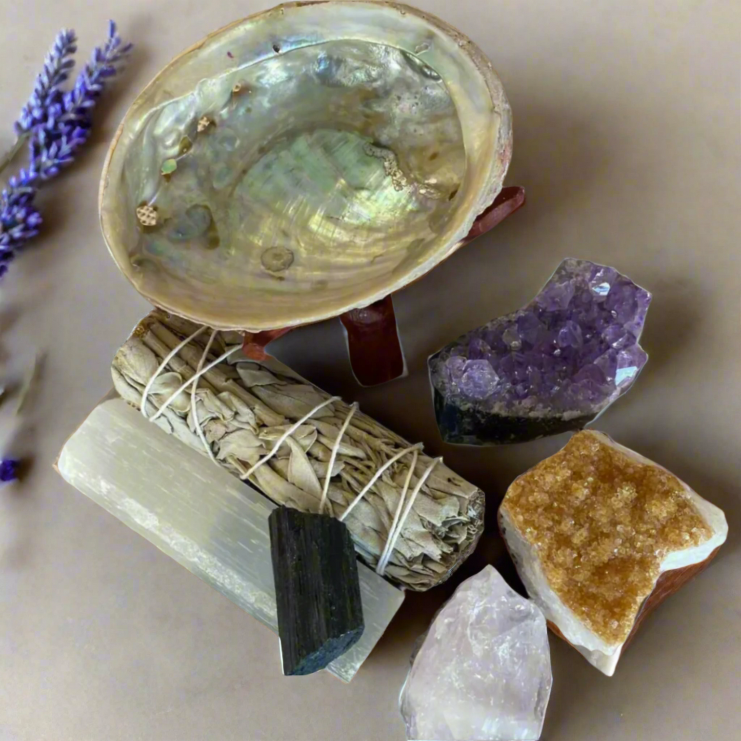 Abalone Shell and Raw Crystal Cluster