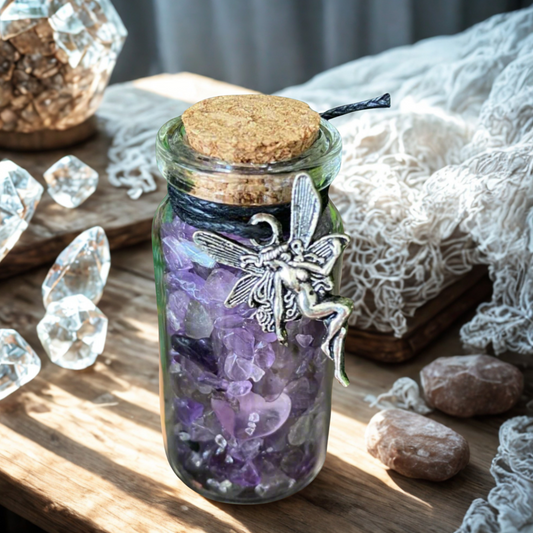 Glass jar with purple crystals and a fairy figurine on a wooden surface with lace and crystals.
