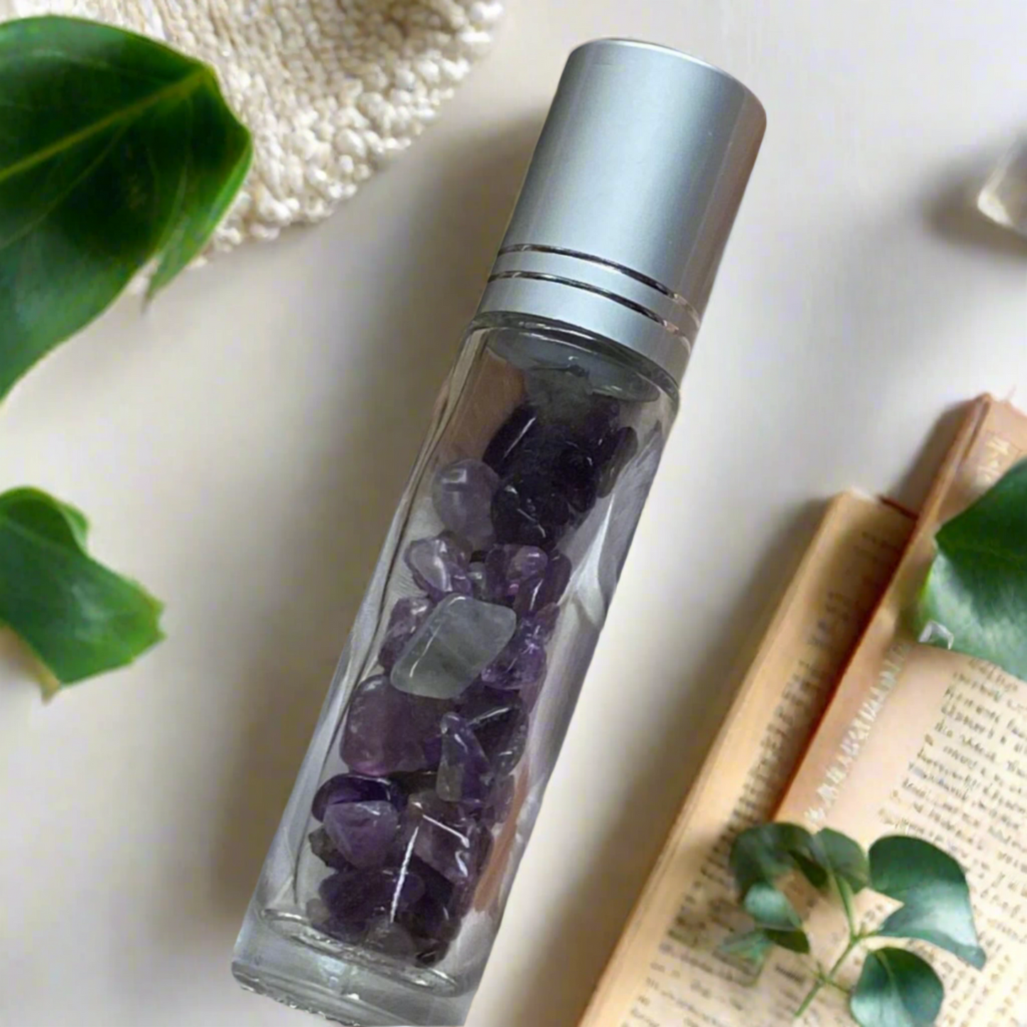 Amethyst Essential Oil Roller Bottle with Crystal Chips