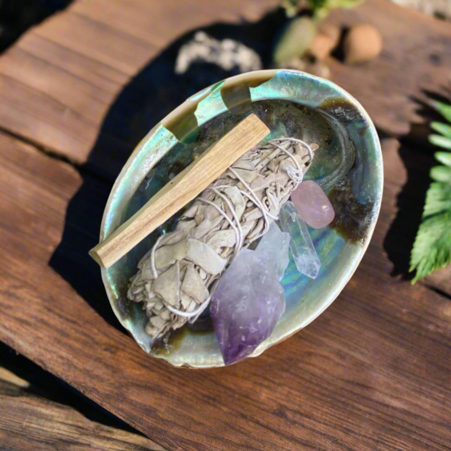 Amethyst Point, Clear Quartz Crystal Point, Rose Quartz Tumbled Stone, Palo Santo, Sage Smudge stick and Natural Abalone Shell
