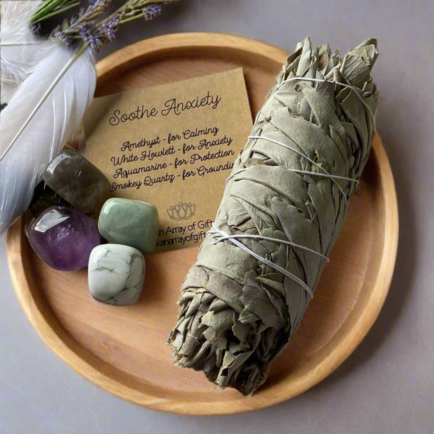 Tumble Stone Kit for Anxiety Relief | Amethyst, Howlite, Aquamarine, Smokey Quartz | Healing Crystals for Inner Peace + Optional Medium Sage