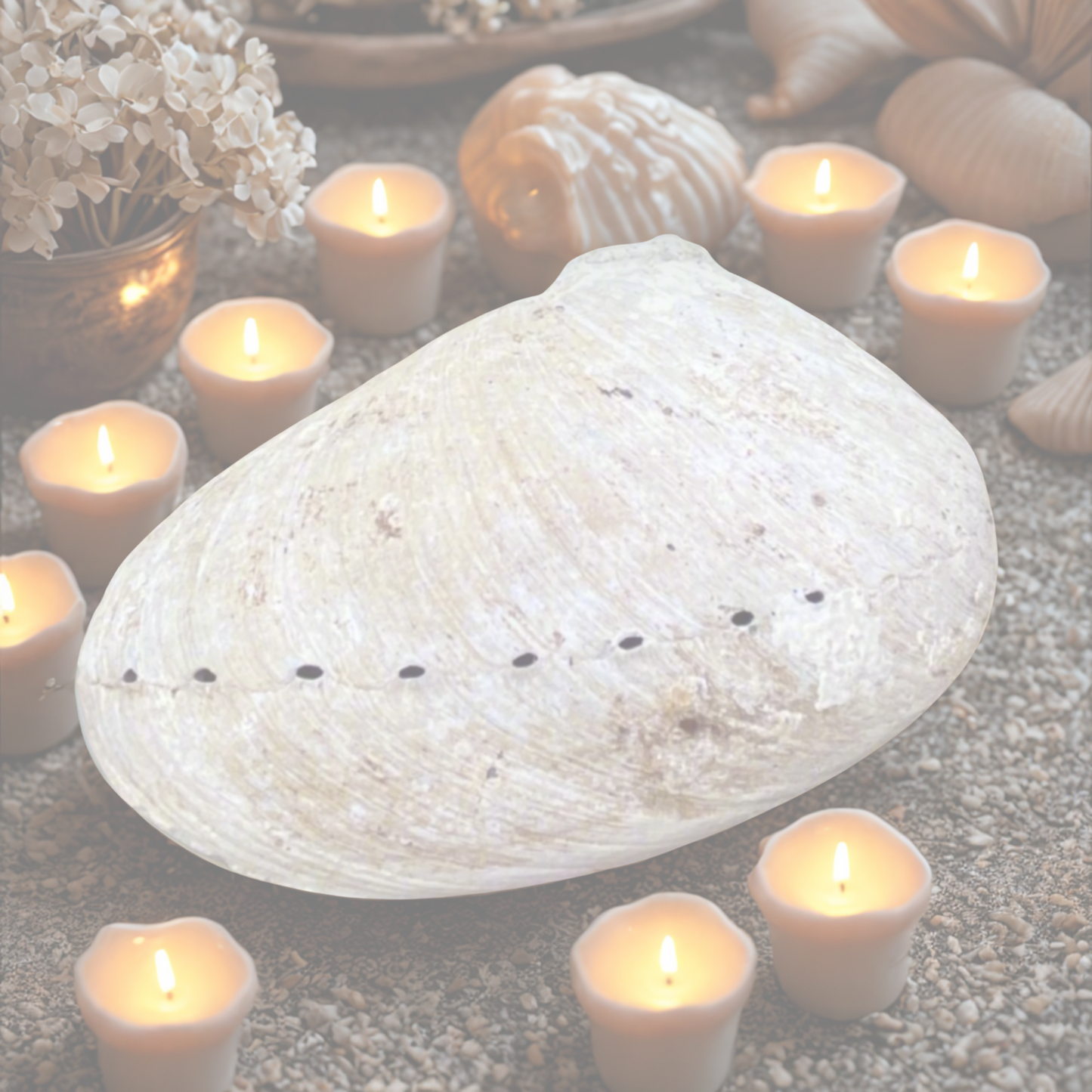 Back of Abalone Shell with small holes surrounded by candles and seashells on a textured surface