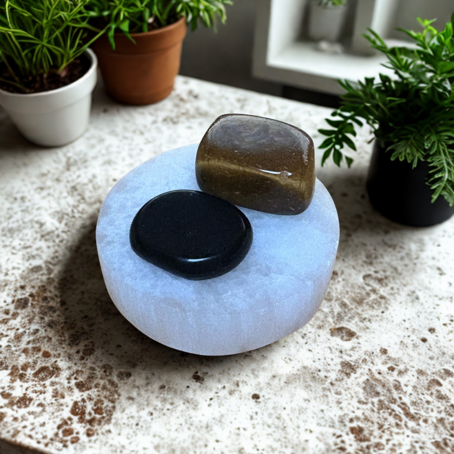 Black Obsidian Flat Stone, Tigers Eye Tumble Stone and Selenite Plate