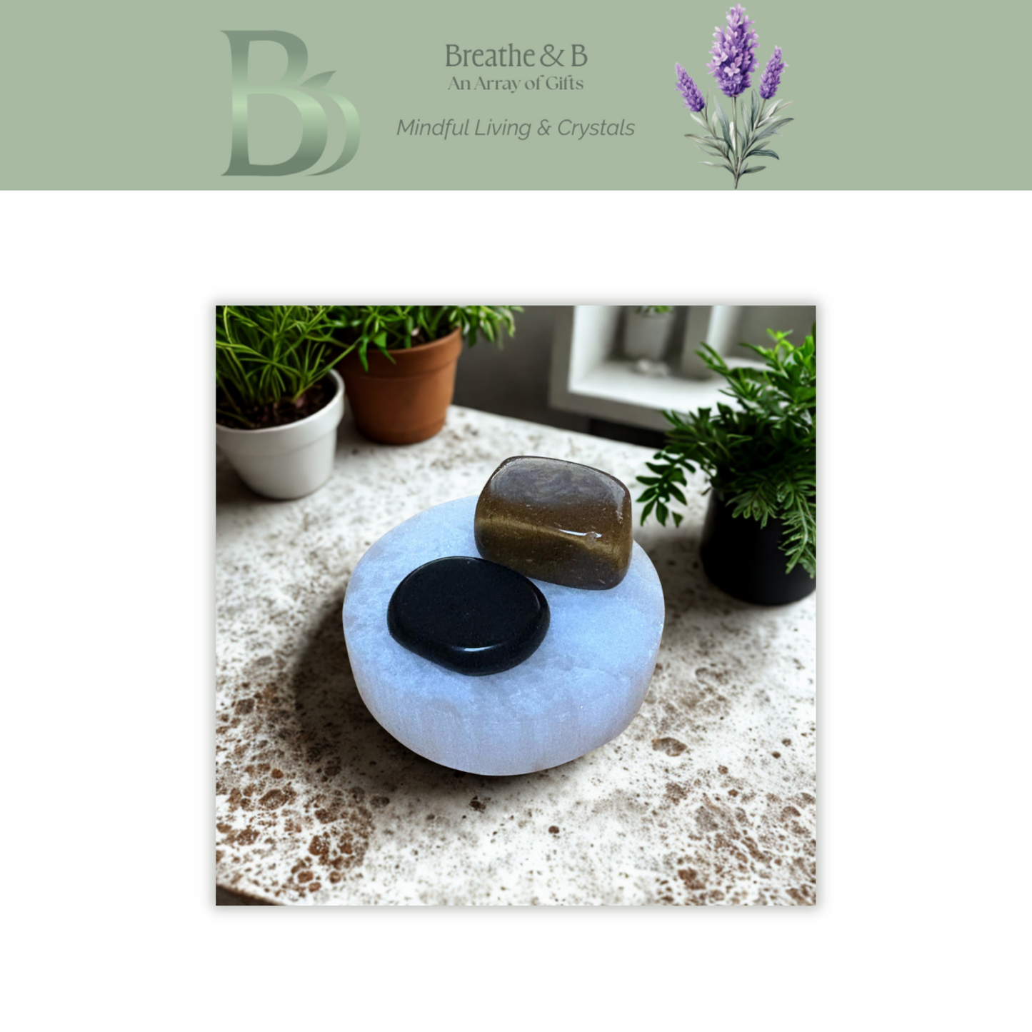 Black Obsidian Flat Stone, Tigers Eye Tumble stone sitting on Selenite Plate