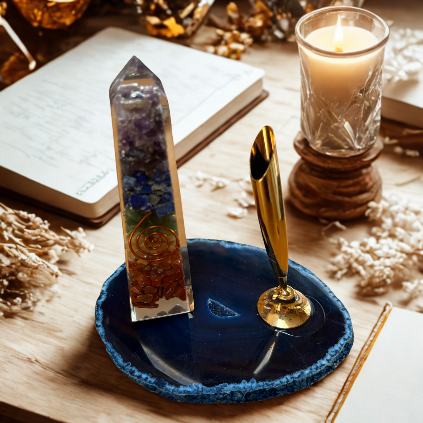 Blue Agate Pen Holder and Orgonite Obelisk Mindful Desk Set | Balance, Focus and Flow | Mindfulness Desk Décor | Eco Gift for Work & Home