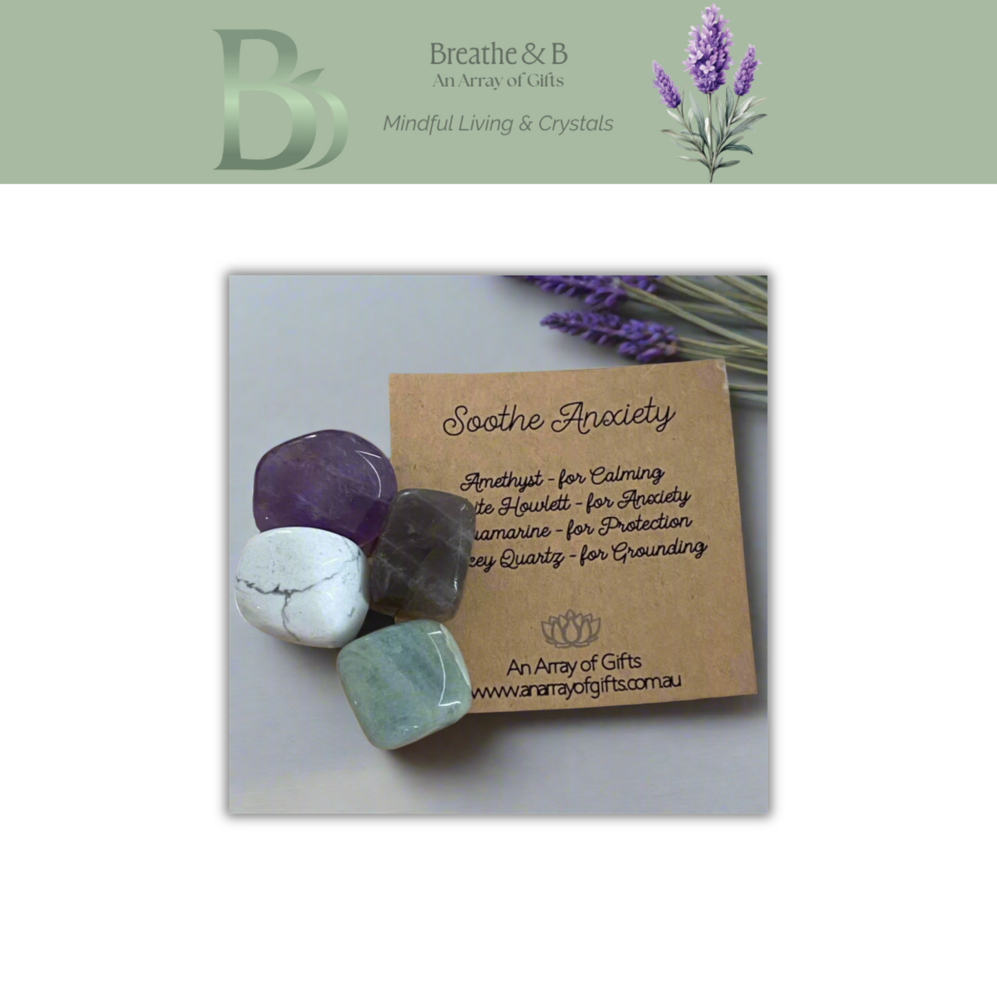Anxiety relief crystal kit displayed with Breathe and B branding