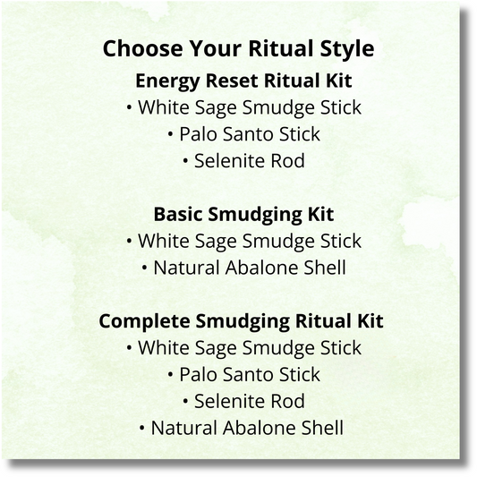 List of smudging ritual kits with items included on a light green background