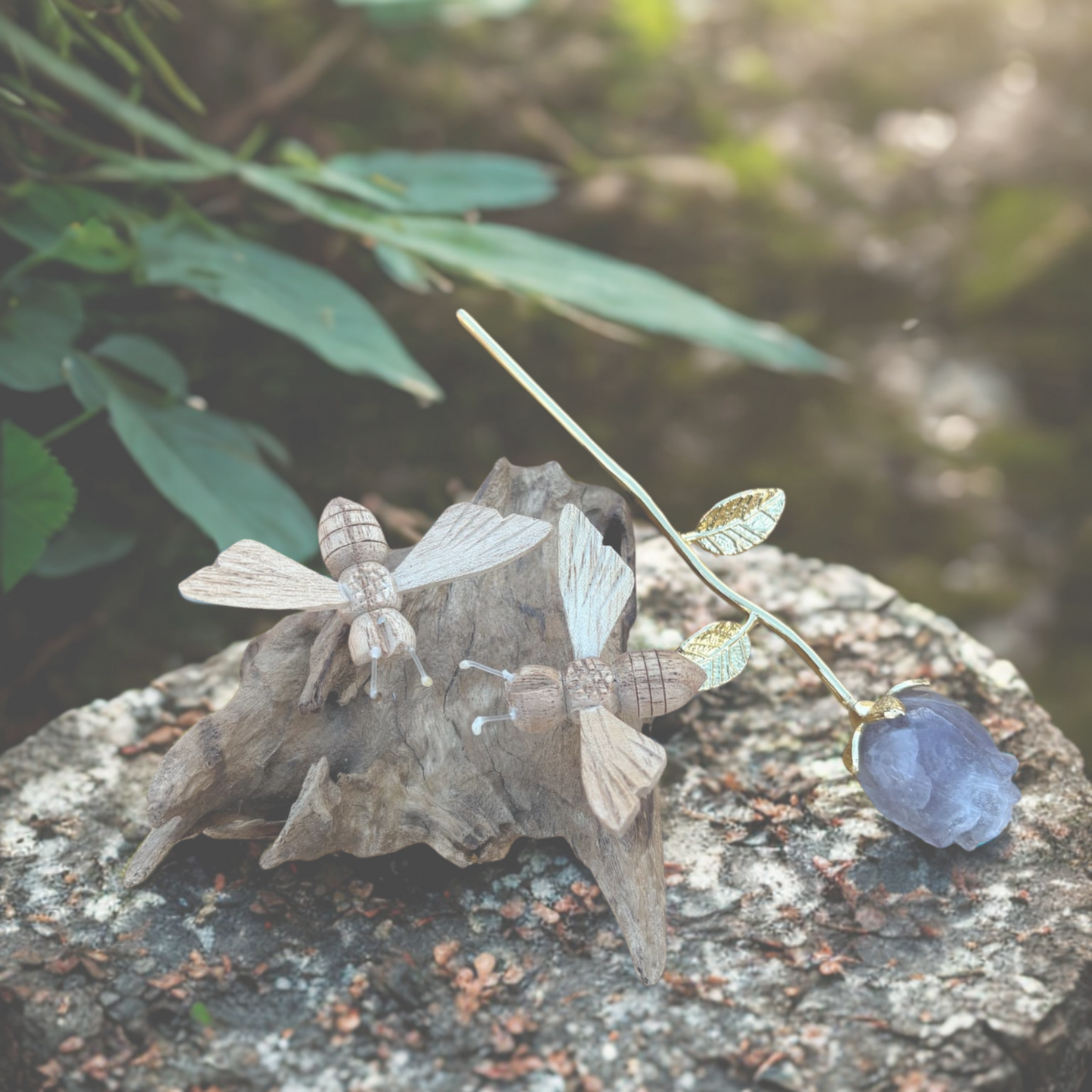 Crystal Rose with Stem and Driftwood with Two Bees