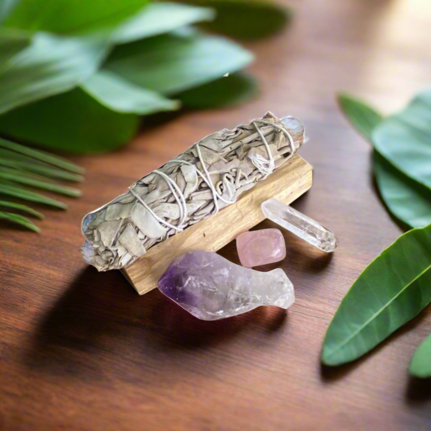 Amethyst Point, Clear Quartz Crystal Point, Rose Quartz Tumbled Stone, Palo Santo, Sage Smudge stick