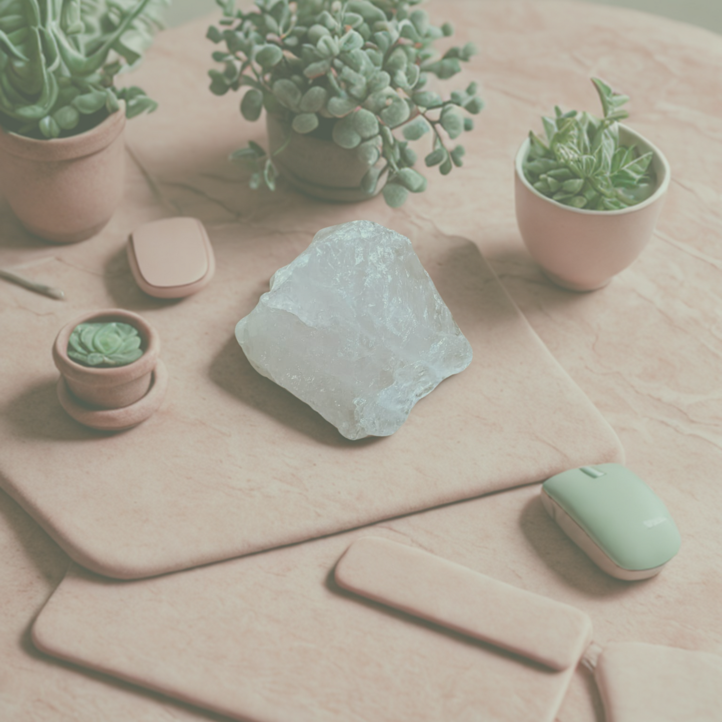 Decorative setting with potted plants, a rose quartz stone, and a mouse on a textured surface.