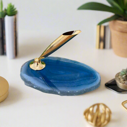 Elegant Blue Agate Slice Pen Organizer