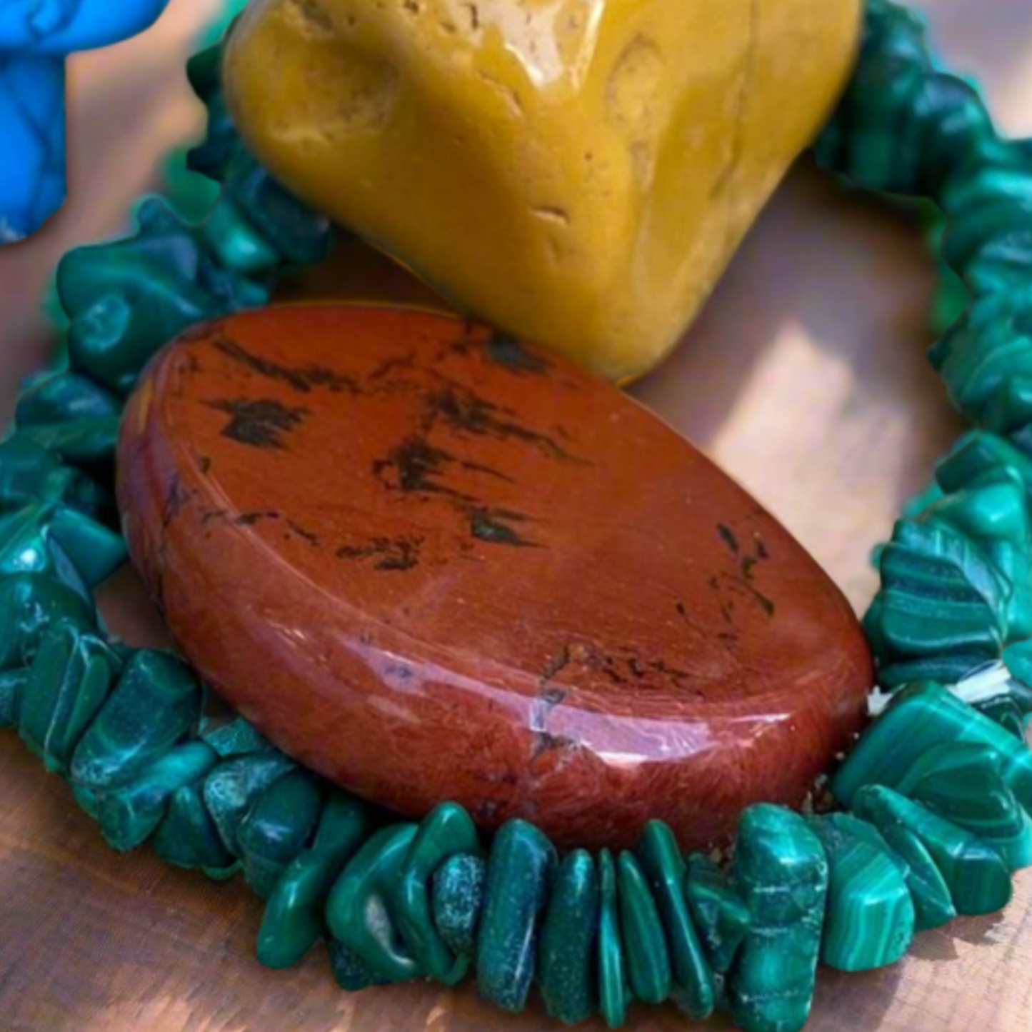 Friendship Crystal Pack - 1 x Jasper Flat Stone 2 x Lapis Lazuli Mini Mushrooms 1 x Malachite Chip Bracelet 1 x Mookaite Tumble Stone