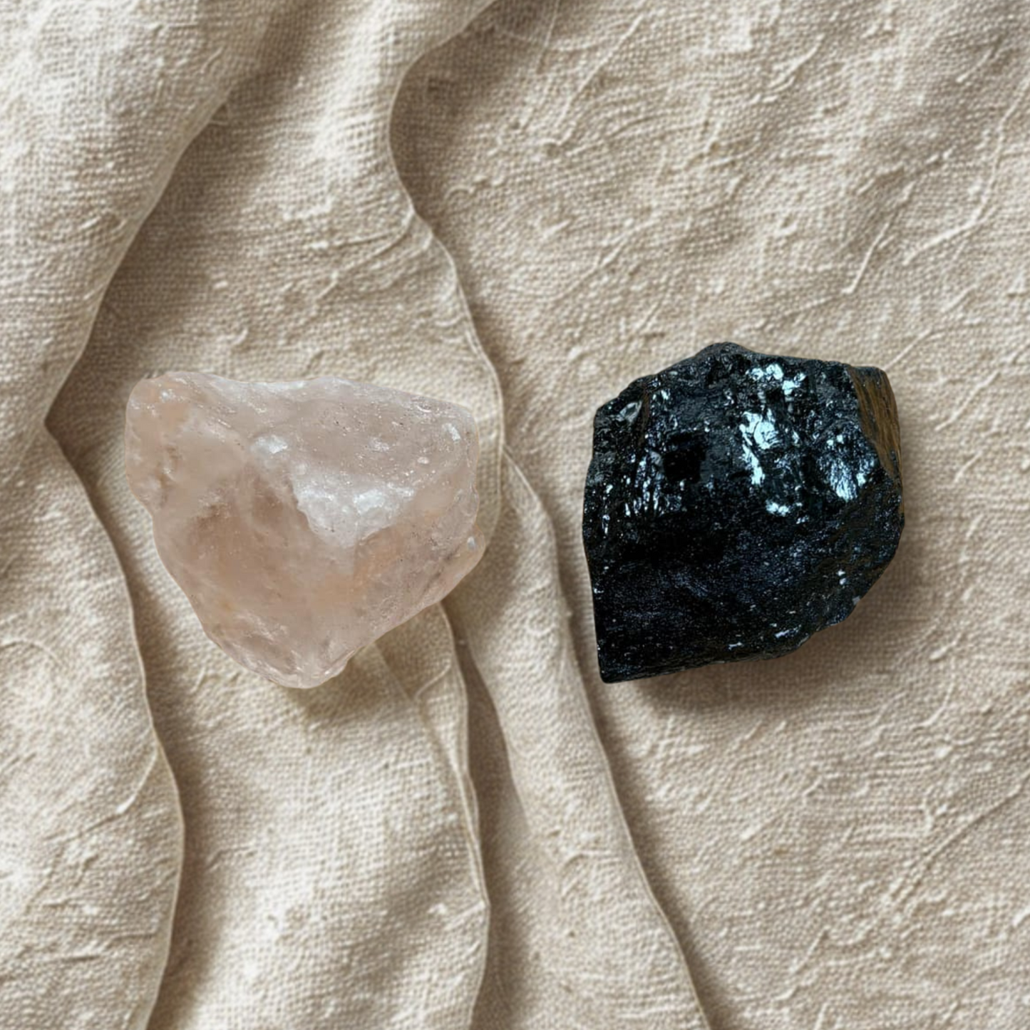 Himalayan Salt Chunk and Black Tourmaline, on a textured beige surface.