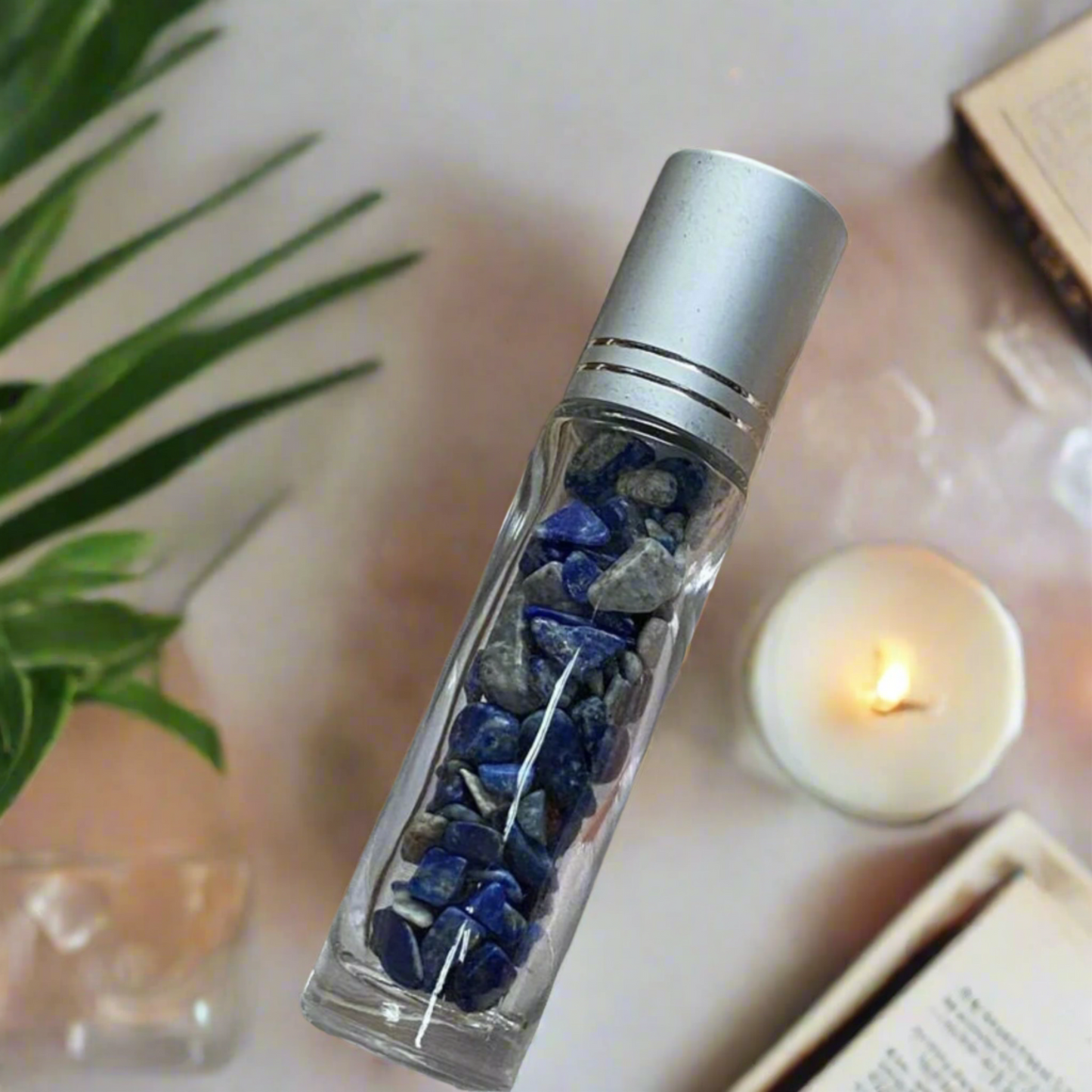 Lapis Lazuli Essential Oil Roller Bottle with Crystal Chips