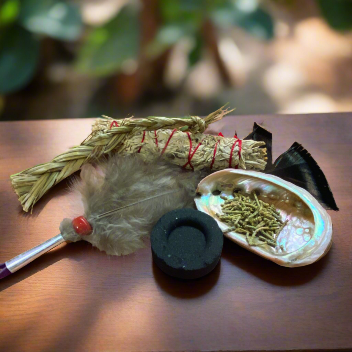 Mini Smudging Kit - Pack of Cedar, Sweetgrass Bundle, Charcoal Tablet, Mini Abalone Shell, Mini Fan