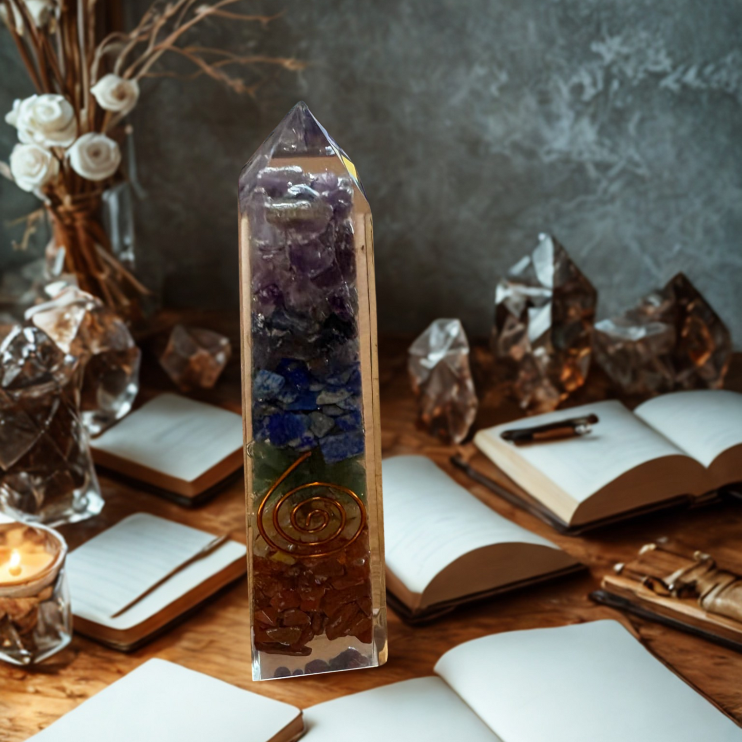 Orgonite Obelisk with embedded stones on a table with books and candles