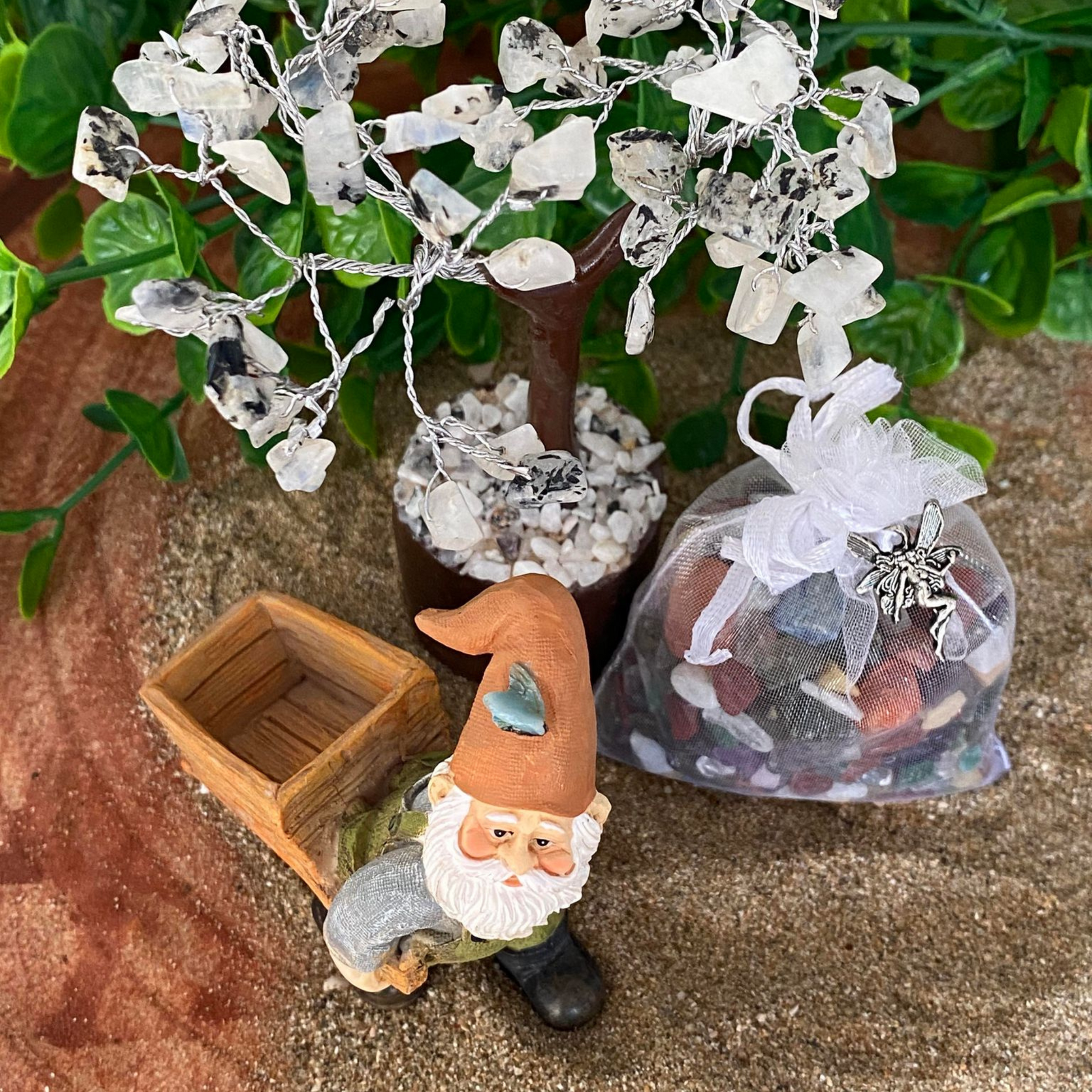Gnome with Wheelbarrow, Organza Bag of Crystal Chips and Fairy Charm, Moonstone Fairy Tree