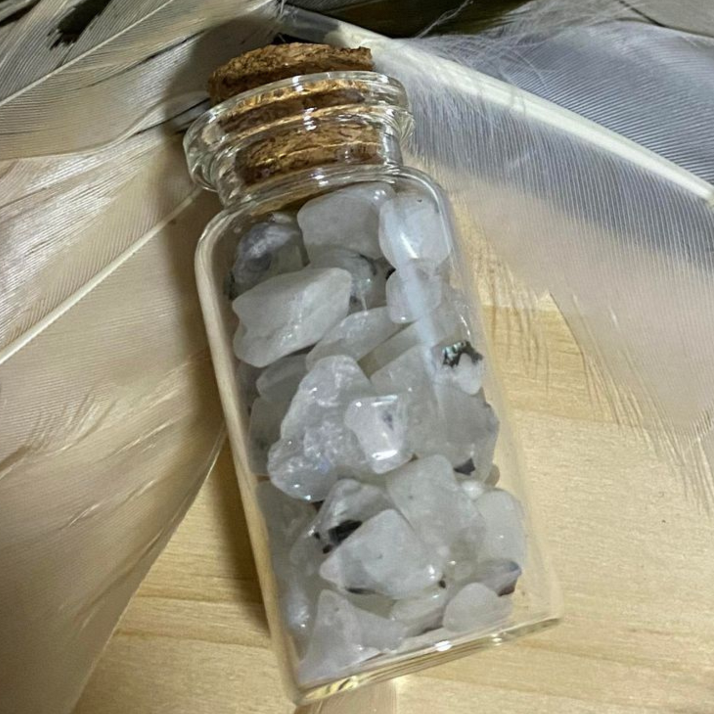 Rainbow Moonstone Crystal Chips in Small Glass Bottle