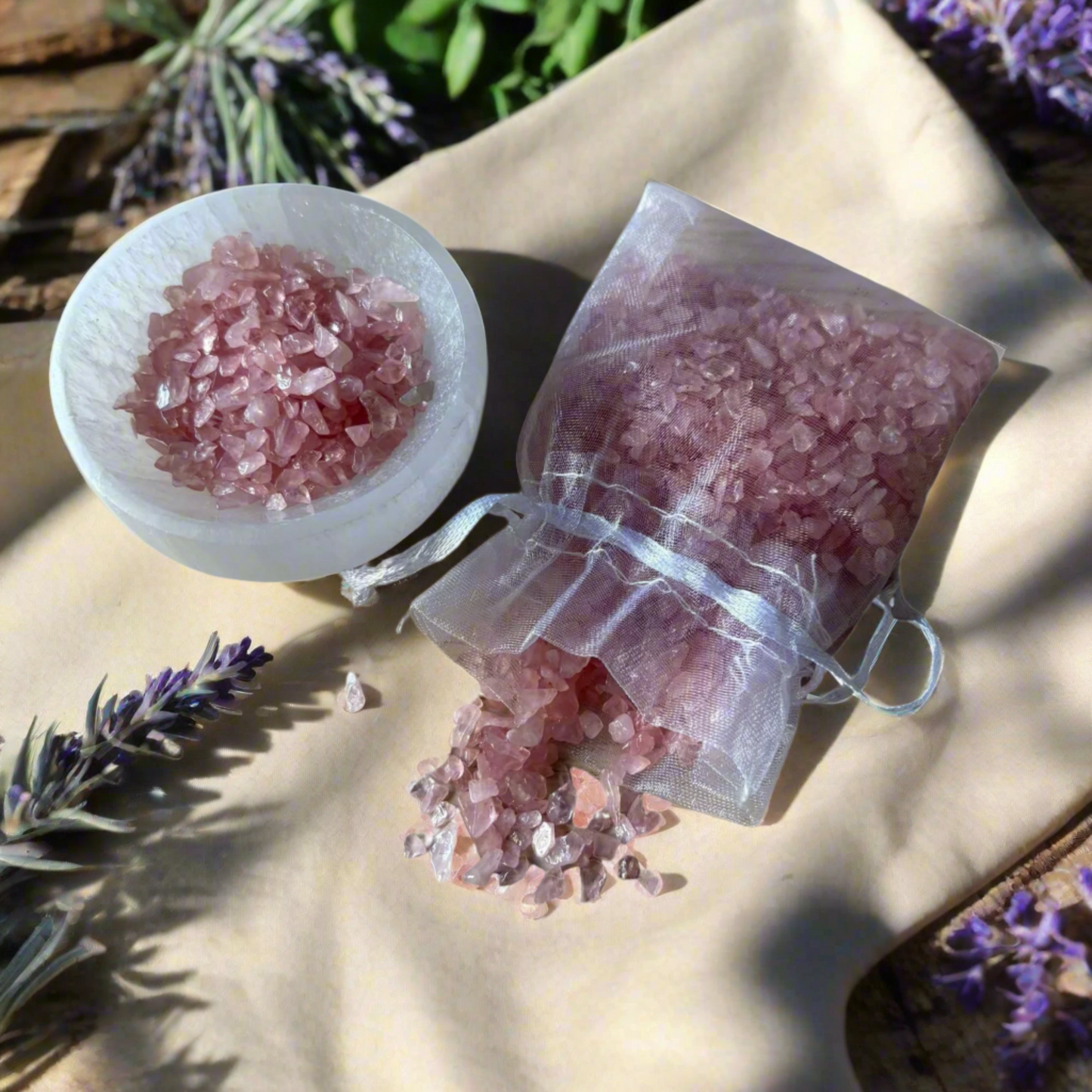 Rose Quartz Crystal Chips – 100g in Organza Bag | Love, Healing & Tranquility