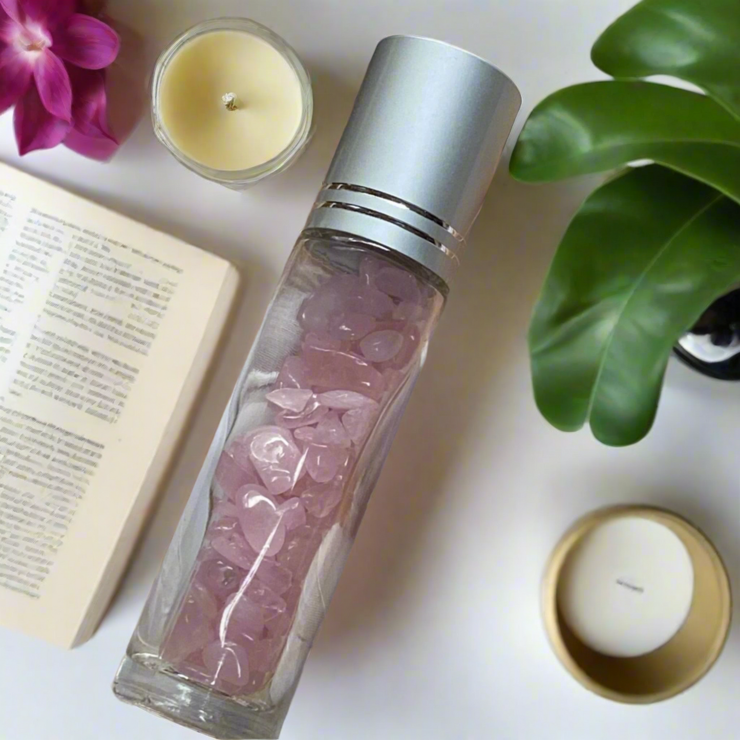Rose Quartz Essential Oil Roller Bottle with Crystal Chips