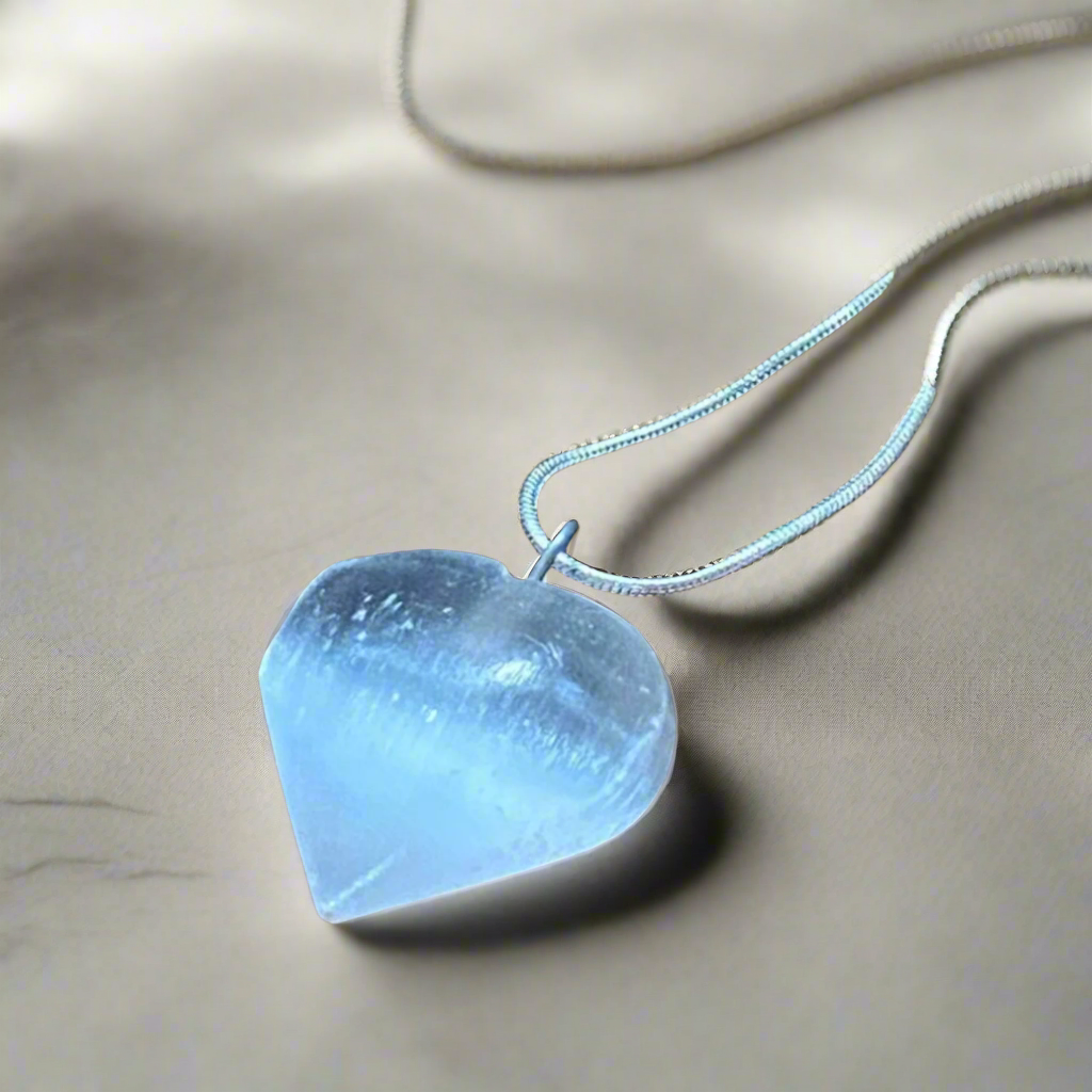 Handcrafted Selenite Heart Pendant Necklace – Calming & Healing Crystal Jewelry with Sterling Silver Chain – Ideal Gift for Meditation, Love & Tranquility - Breathe & B: An Array of Gifts