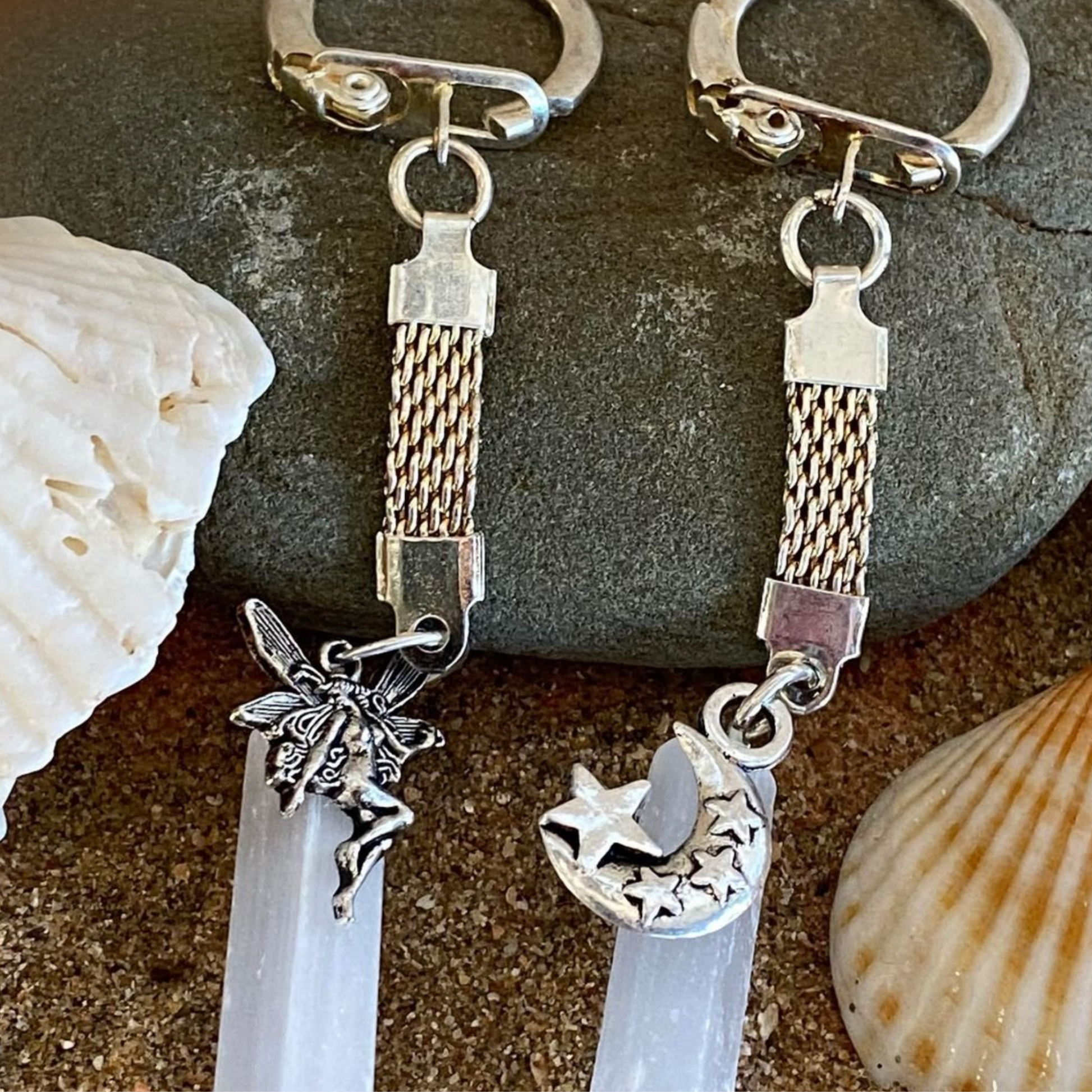 Selenite Key Rings with Fairy or Moon Charm