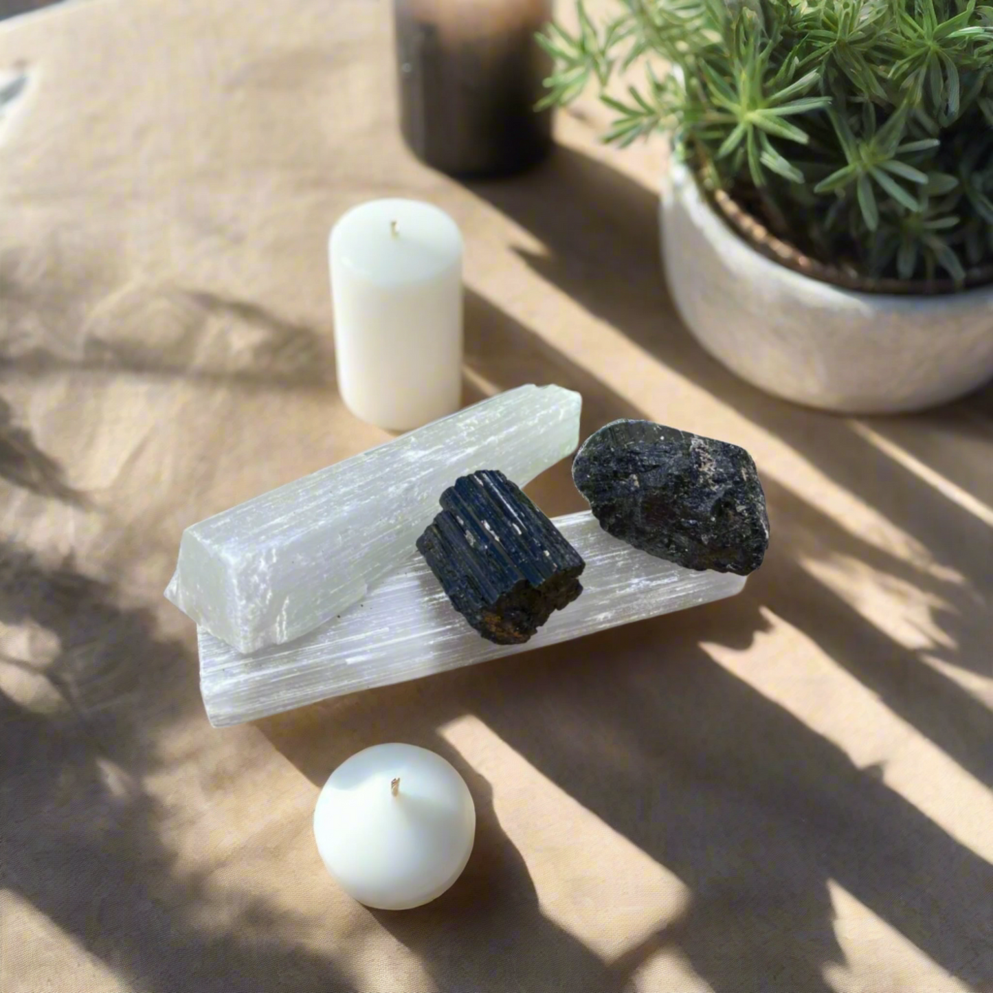 Selenite & Black Tourmaline Crystal Set – Energy Cleansing & Protection