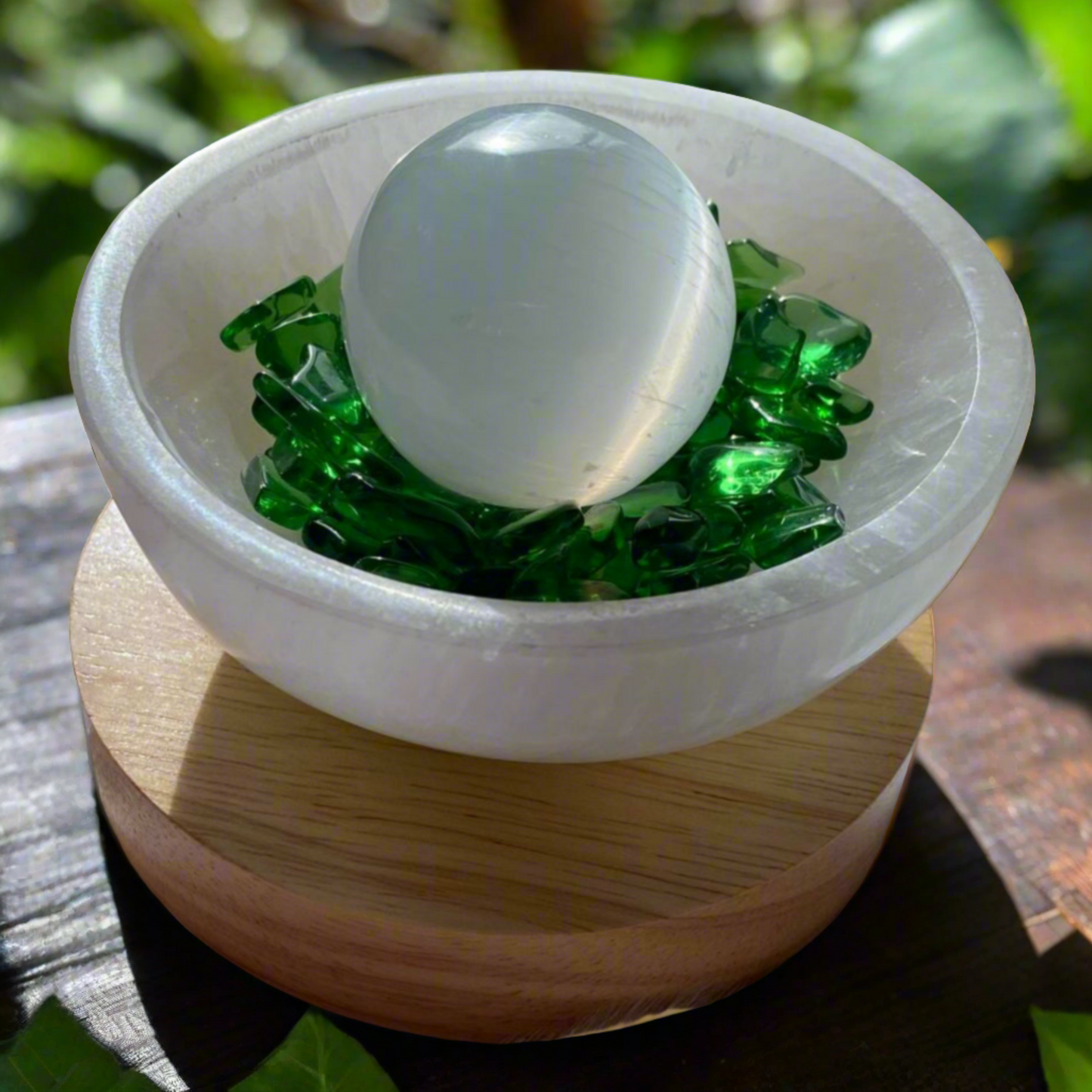 Selenite Bowl with LED Base, Sphere, & Green Obsidian Crystals for Energy Cleansing & Tranquility