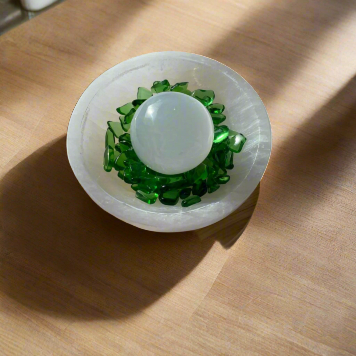 Selenite Bowl , Sphere, & Green Obsidian Crystals for Energy Cleansing & Tranquility