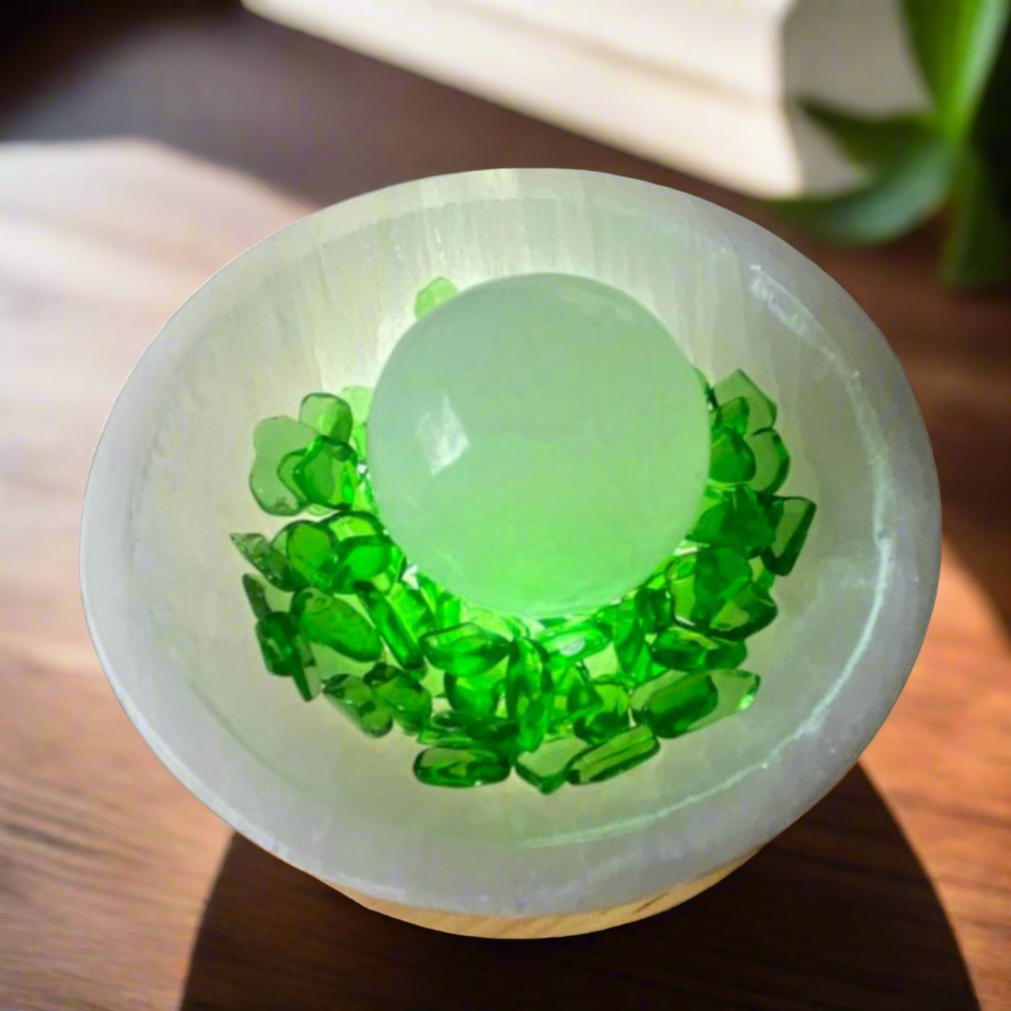 Selenite Bowl with LED Base, Sphere, & Green Obsidian Crystals for Energy Cleansing & Tranquility