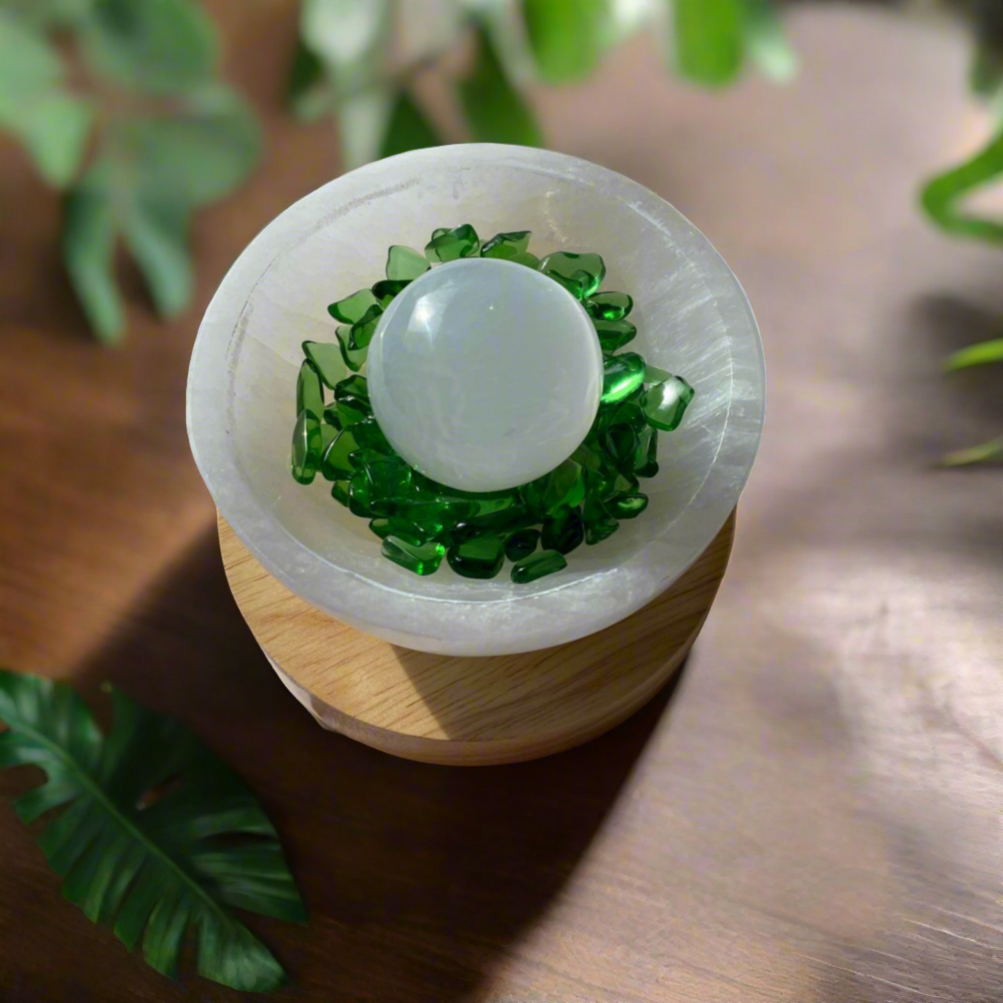 Selenite Bowl with LED Base, Sphere, & Green Obsidian Crystals for Energy Cleansing & Tranquility