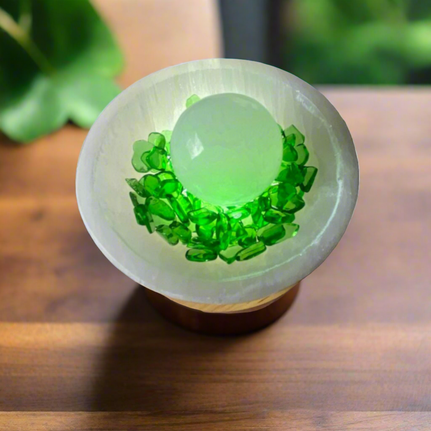 Selenite Bowl with LED Base, Sphere, & Green Obsidian Crystals for Energy Cleansing & Tranquility