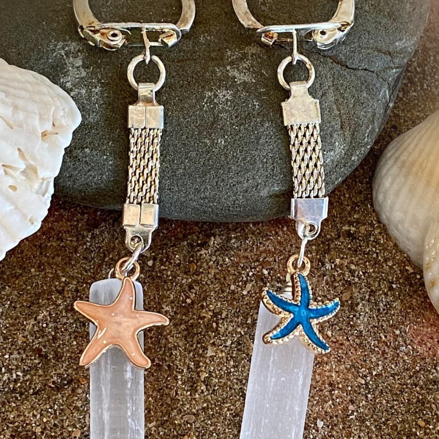 Selenite Key Ring with Apricot or Blue starfish charms