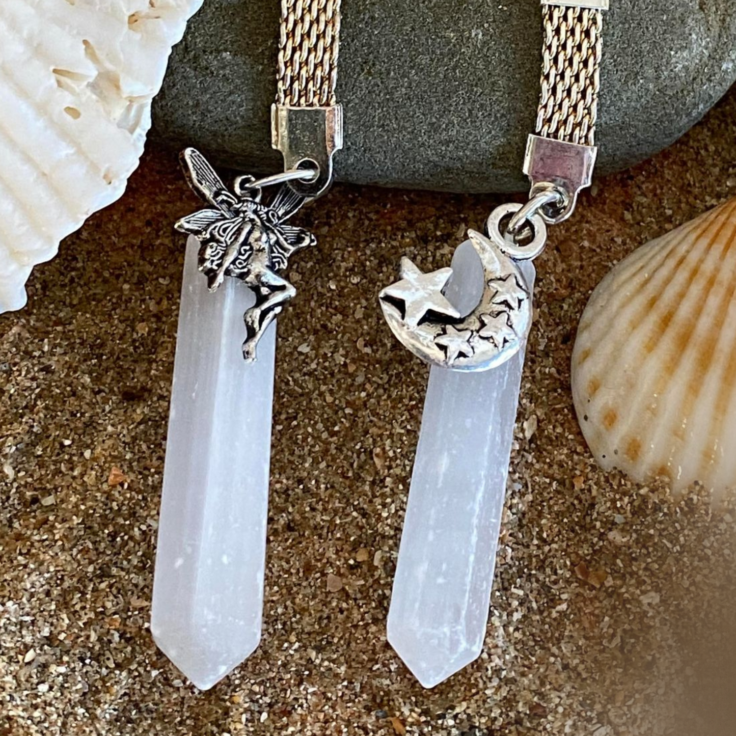 Selenite Key Rings with Fairy or Moon Charms