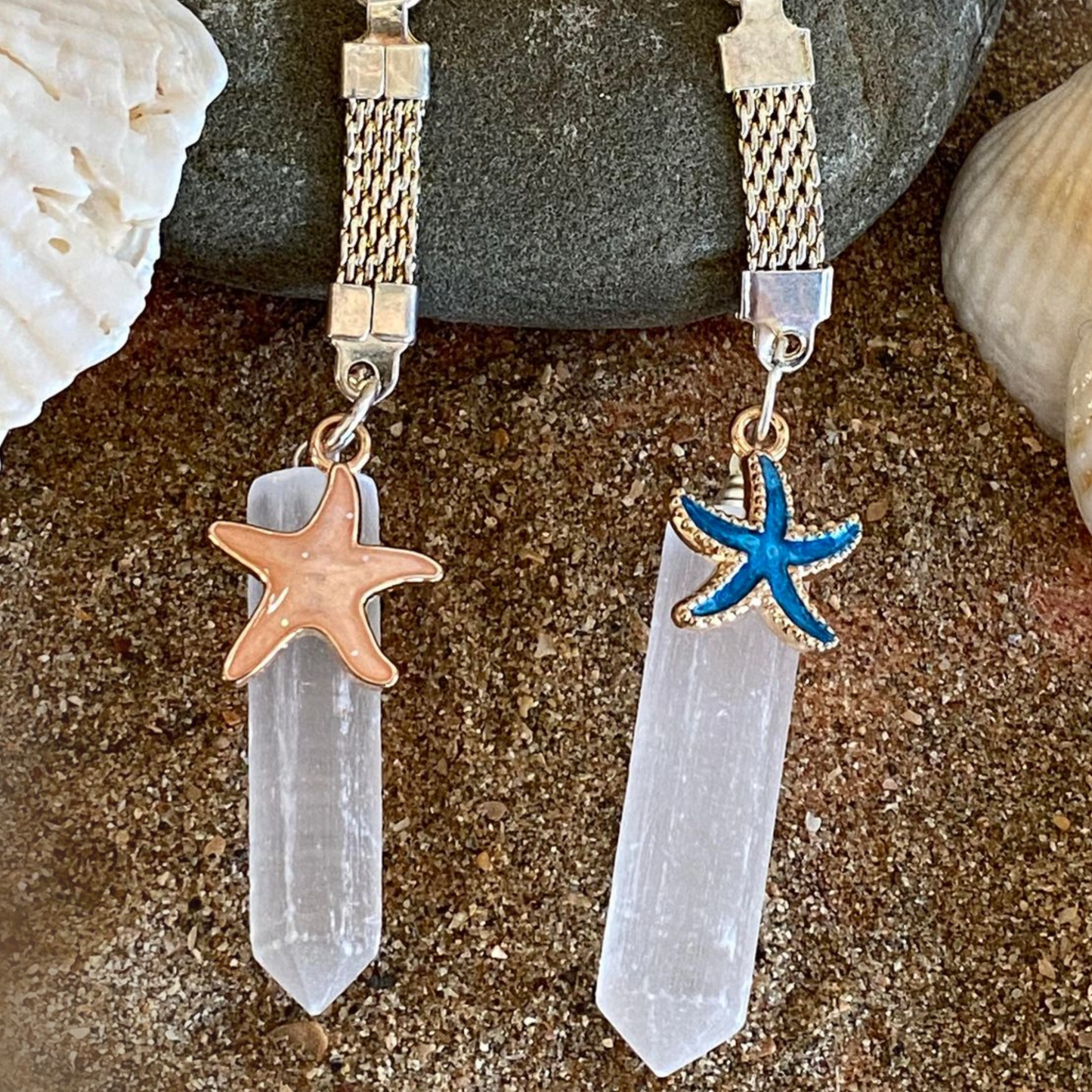 Selenite Key Rings with Apricot or Blue Starfish Charms
