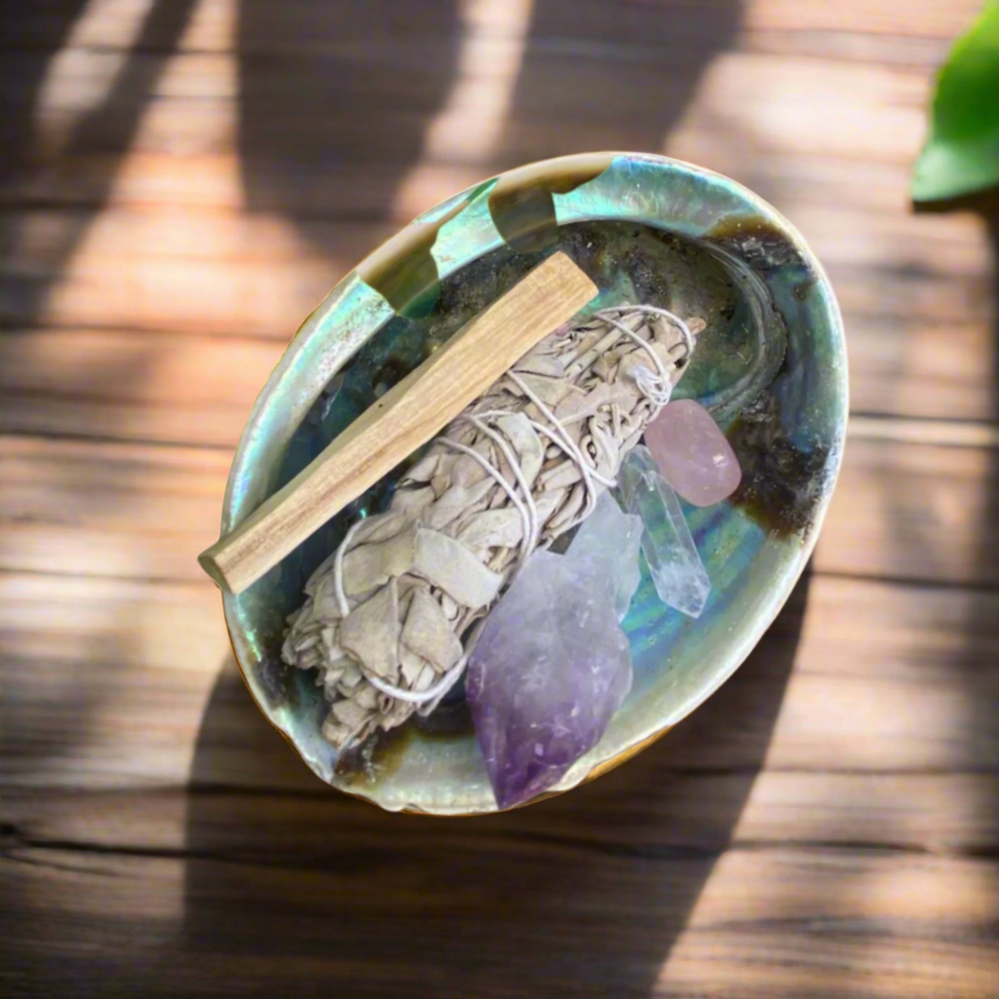 Amethyst Point, Clear Quartz Crystal Point, Rose Quartz Tumbled Stone, Palo Santo, Sage Smudge stick and Natural Abalone Shell