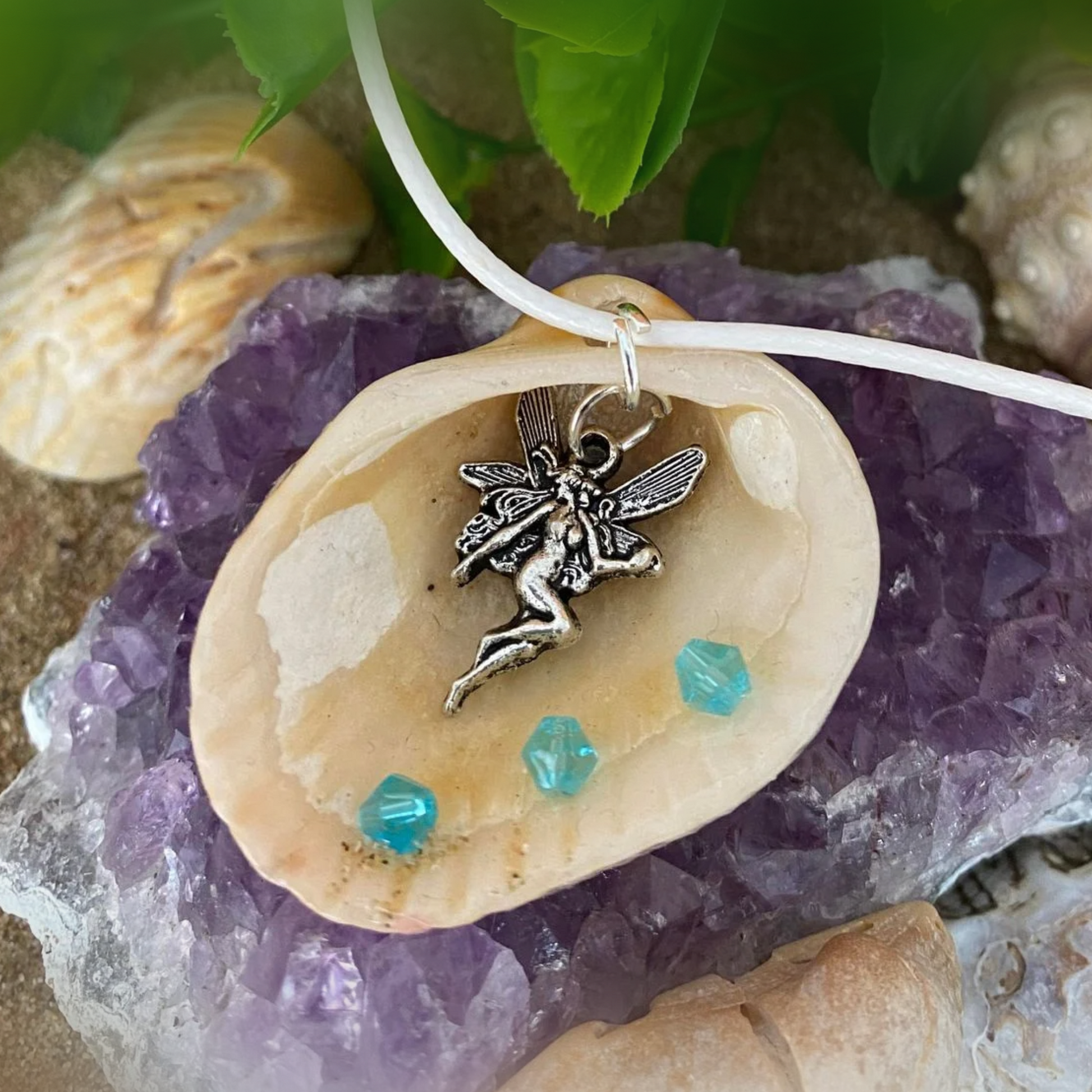 Sea Shell Necklace with Fairy Charm and Aquamarine Crystal Beads