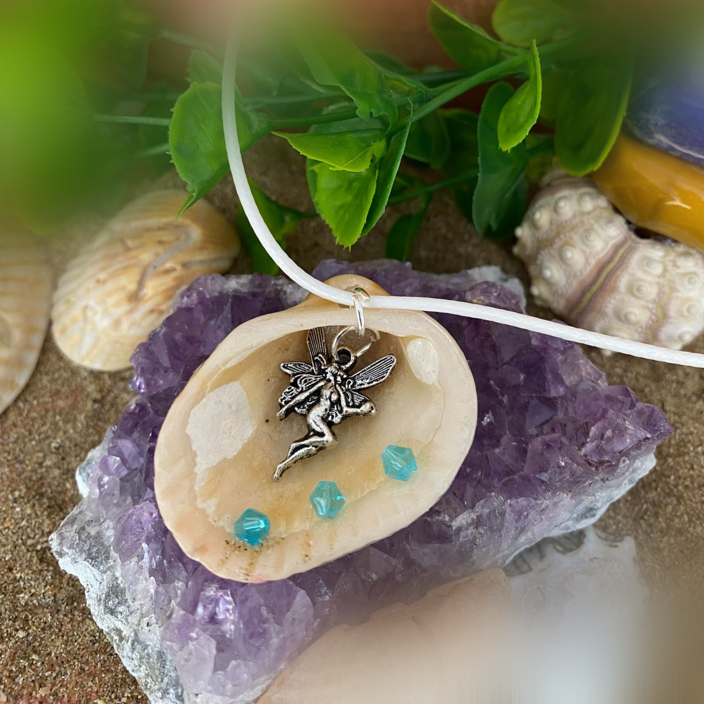 Sea Shell Necklace with Fairy Charm and Aquamarine Crystal Beads