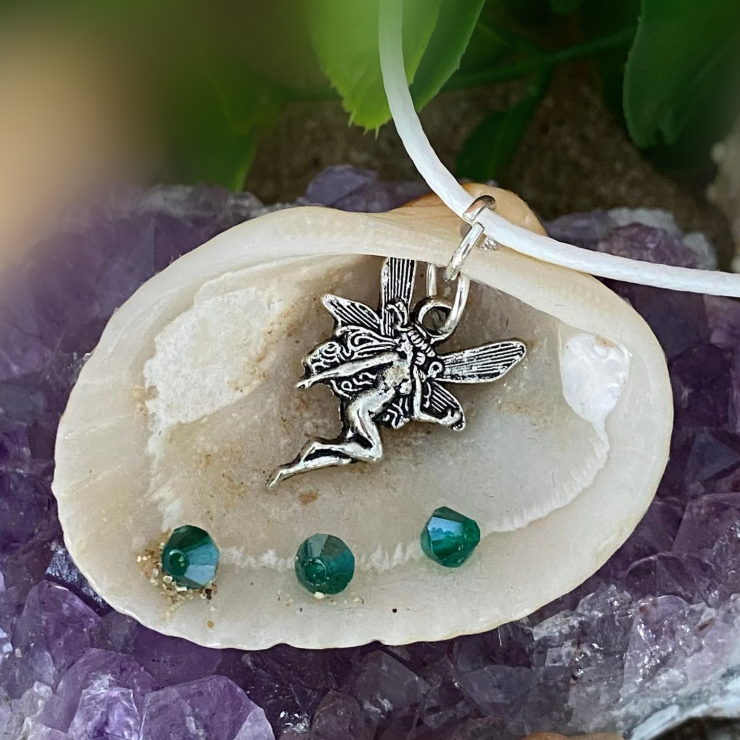 Sea Shell Necklace with Fairy Charm and Emerald Crystal Beads