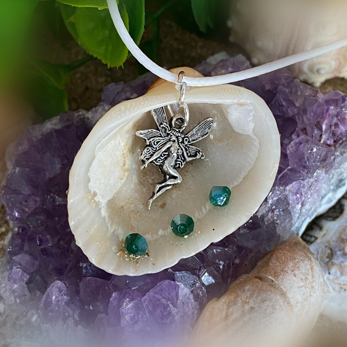 Sea Shell Necklace with Fairy Charm and Emerald Crystal Beads