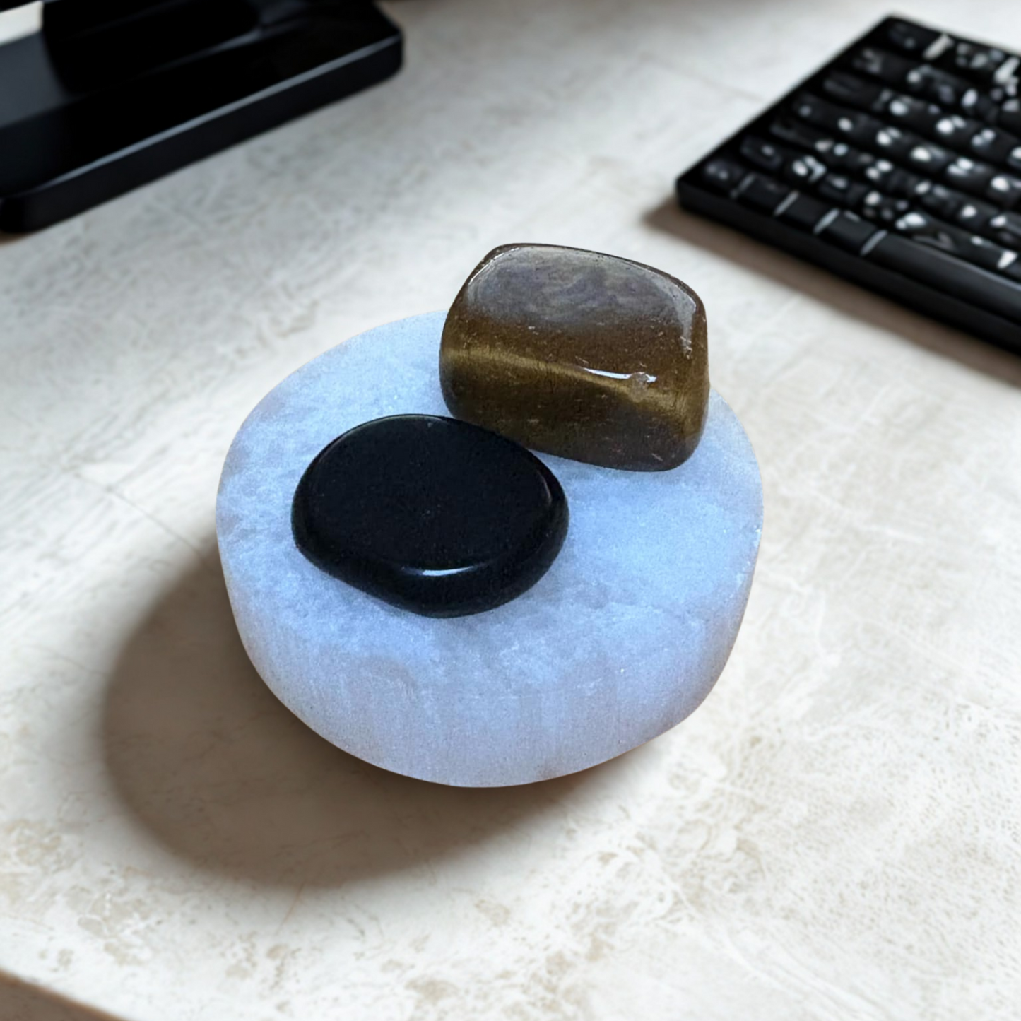 Small Selenite Plate with Flat Stone and Tumble Stone