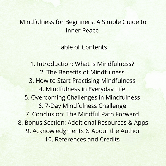 Table of contents for a mindfulness guide on a light green background