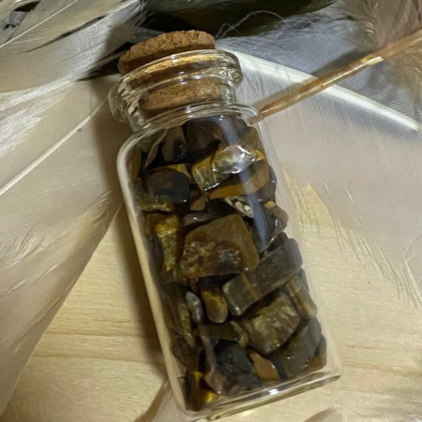 Tiger's Eye Crystal Chips in Small Glass Bottle