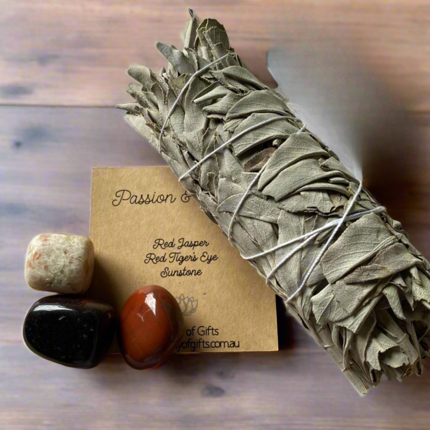 Tumbled Stone Kit for Passion & Vitality | Red Jasper, Red Tiger's Eye & Sunstone | With Optional Sage for Cleansing