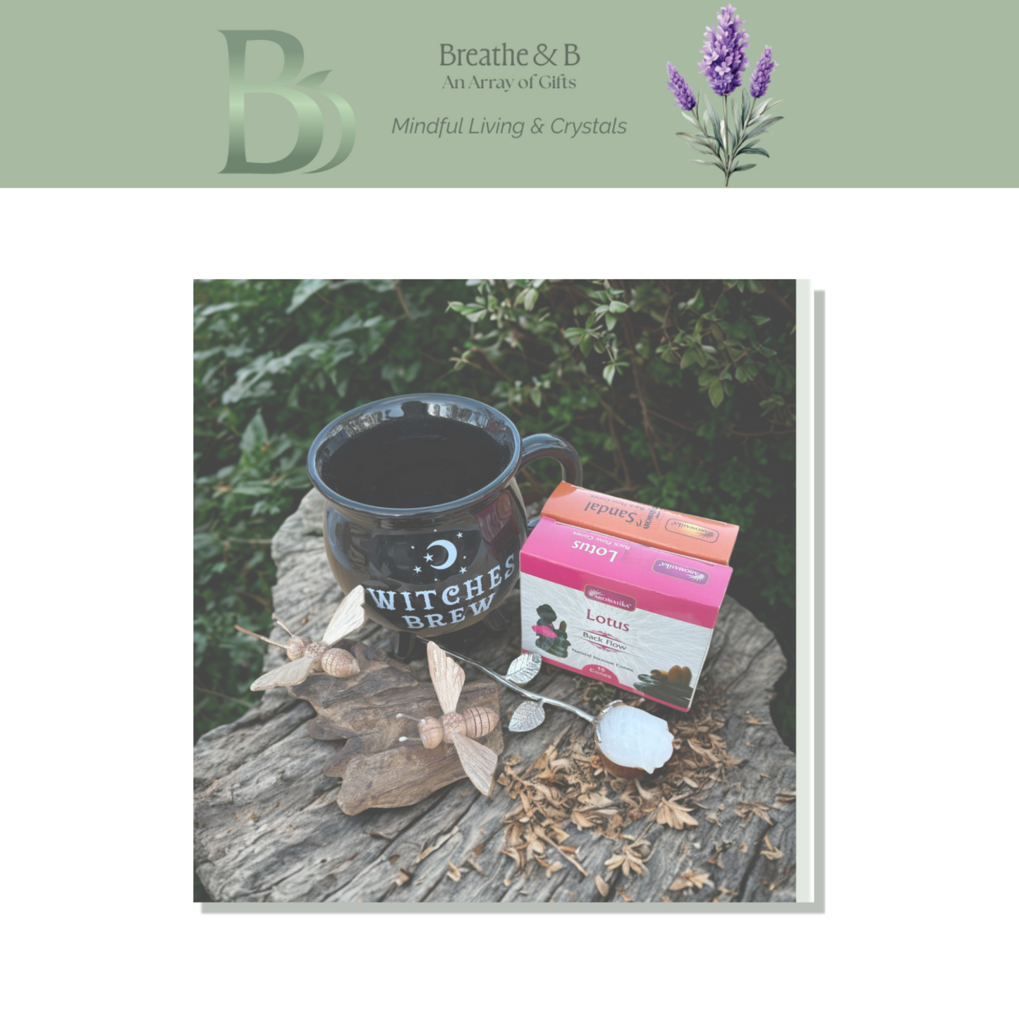 Collection of Products Witches Brew Mug, Lotus and Sandal Incence Cones, Driftwood with two bees, crystal rose with gold stem