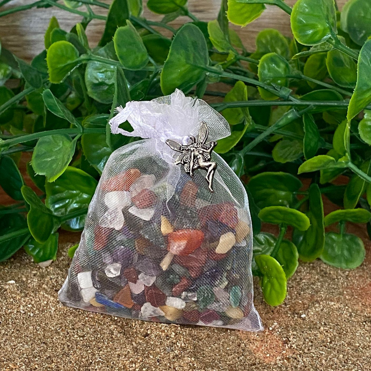 Organza bag of mixed crystals with fairy charm