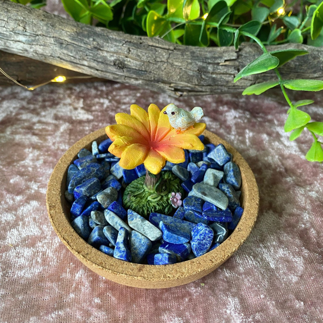 Cork Fairy Garden with Lapis Lazuli Crystal Chips and Miniature Bird Bath