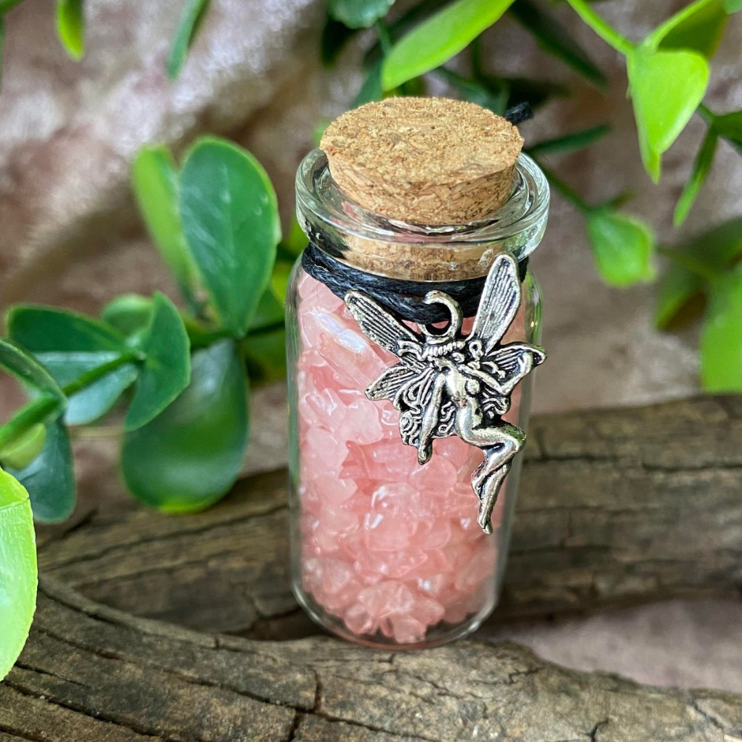 Rose Quartz Crystal Fairy Small Glass Jar with Fairy Charm