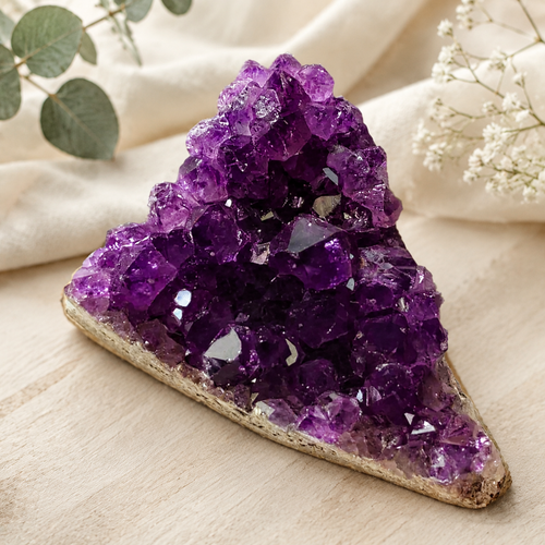 A triangular cluster of purple amethyst crystal points mounted on a natural beige stone base, styled on a light wood surface with soft cream fabric, green leaves, and small white flowers in the background.